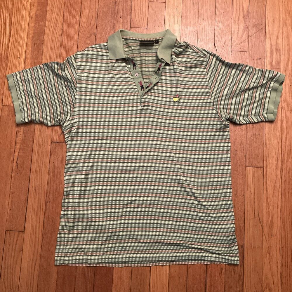 Bobby Jones Collection Polo Shirt Green Striped Golfer Logo L Embroidered